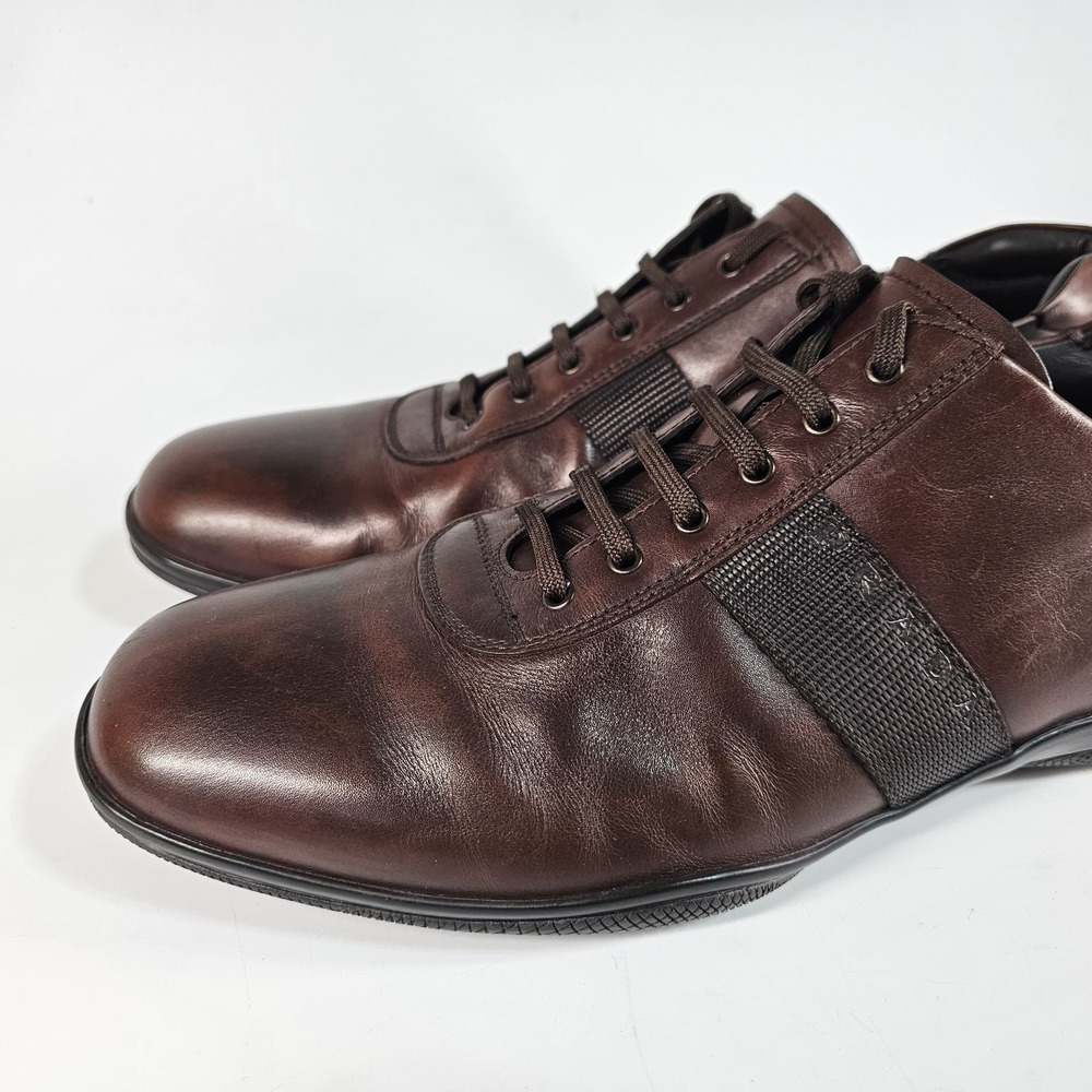 PRADA Sport Leather Low Sneakers Mens Size 11 Brown Solid Italy Shoes Luxury - Picture 3 of 16